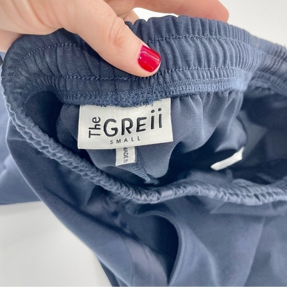 The Greii Navy Blue Straight Leg Drawstring Satin Trim Athleisure Sweatpants - Picture 9 of 11